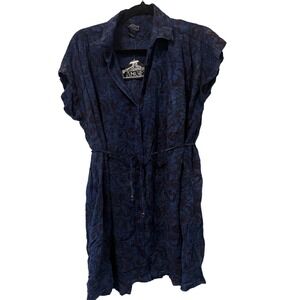 Angie Floral Print Dress Button Down Short Sleeve Casual Blue Small